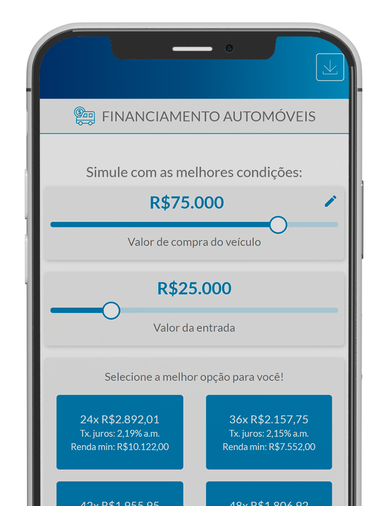 Mockup de um celular com imagem de simulaçao de Financioamento de auotmoveis